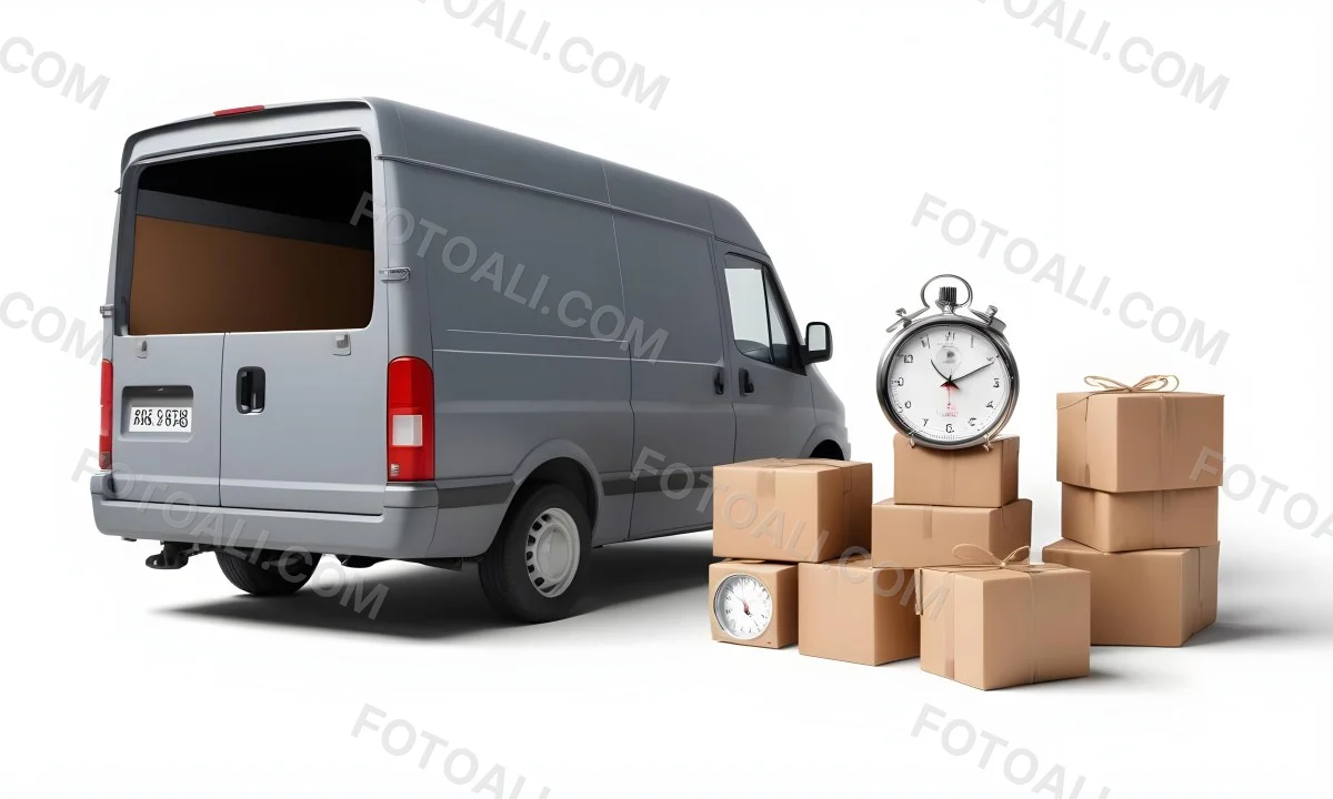 A Gray Delivery Van Parked Next To Several Cardboard Boxes And A Stopwatch Suggesting A Delivery Or Moving Service 5 4606