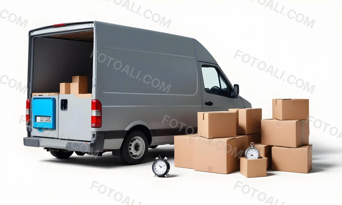 A Gray Delivery Van Parked Next To Several Cardboard Boxes And A Stopwatch Suggesting A Delivery Or Moving Service 6 Adc4