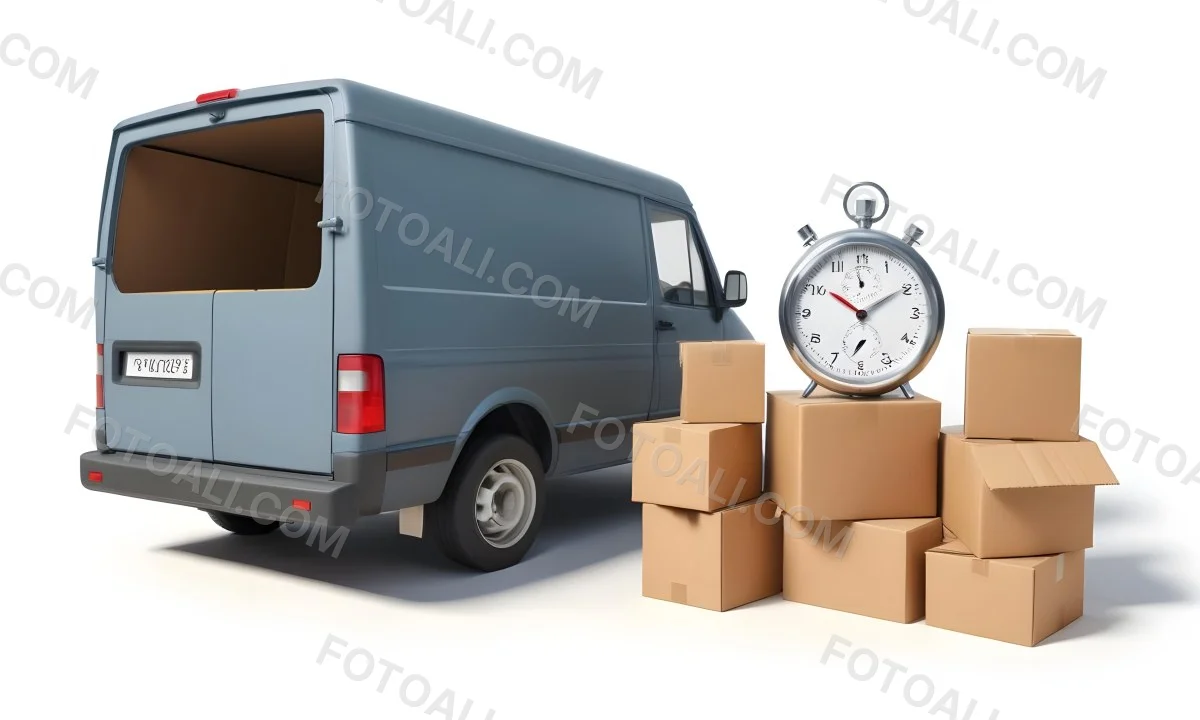 A Gray Delivery Van Parked Next To Several Cardboard Boxes And A Stopwatch Suggesting A Delivery Or Moving Service 7 6b65