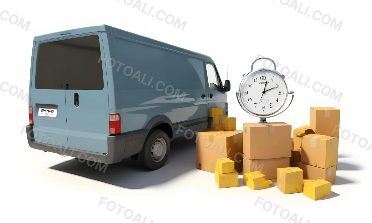 A Gray Delivery Van Parked Next To Several Cardboard Boxes And A Stopwatch Suggesting A Delivery Or Moving Service 8 9570