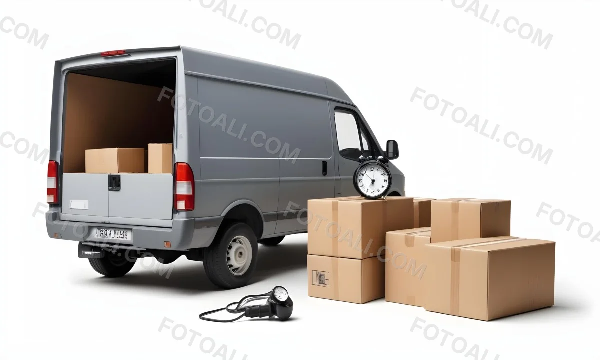 A Gray Delivery Van Parked Next To Several Cardboard Boxes And A Stopwatch Suggesting A Delivery Or Moving Service 9 288b