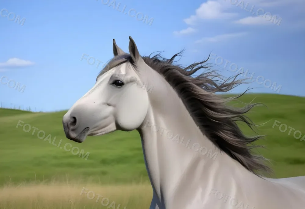 A Gray Horse With A Flowing Mane Against A Blue Sky And Green Grass Background 193 A471