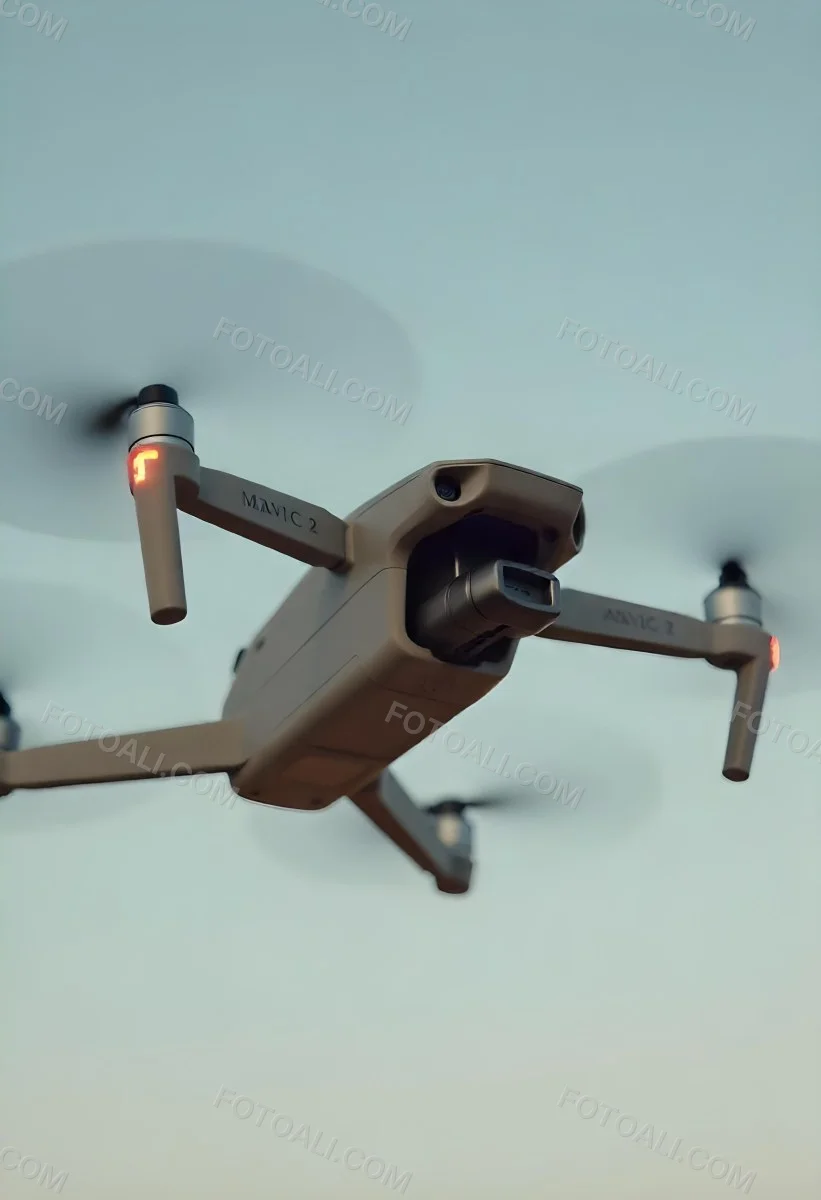 A Gray Mavic 2 Drone With Blue Propellers In The Air The Sky Is Black 4 4cf4