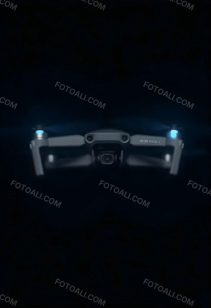 A Gray Mavic 2 Drone With Blue Propellers In The Air The Sky Is Black 6 F409