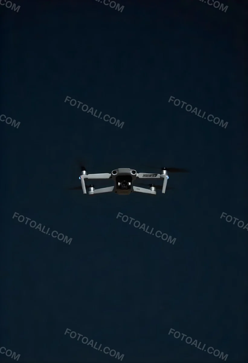 A Gray Mavic 2 Drone With Blue Propellers In The Air The Sky Is Black 7 Be2d