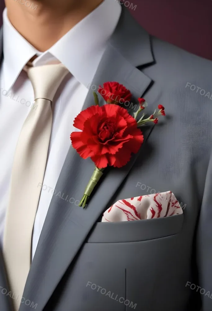 A Gray Suit Jacket With A Red Boutonniere Made Of Carnation Flowers Pinned To The Lapel 1 43ed