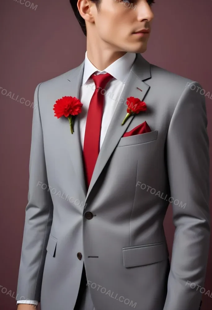 A Gray Suit Jacket With A Red Boutonniere Made Of Carnation Flowers Pinned To The Lapel 12 Ca71