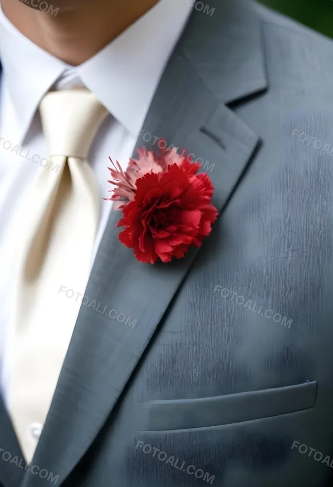 A Gray Suit Jacket With A Red Boutonniere Made Of Carnation Flowers Pinned To The Lapel 13 82e2