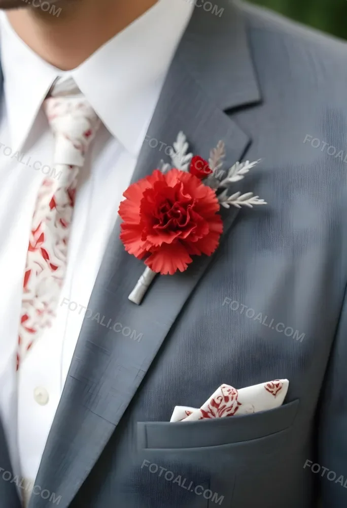 A Gray Suit Jacket With A Red Boutonniere Made Of Carnation Flowers Pinned To The Lapel 14 089f