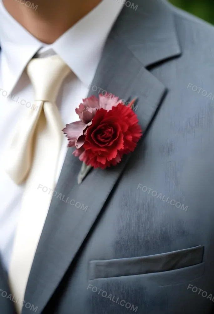 A Gray Suit Jacket With A Red Boutonniere Made Of Carnation Flowers Pinned To The Lapel 15 F4d6