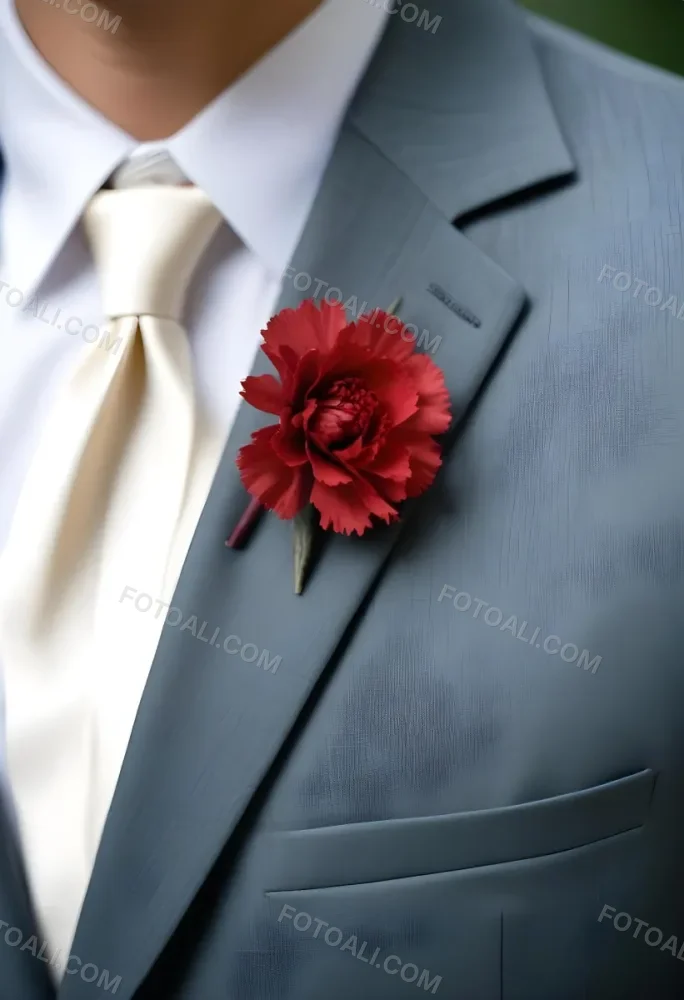 A Gray Suit Jacket With A Red Boutonniere Made Of Carnation Flowers Pinned To The Lapel 22 0100
