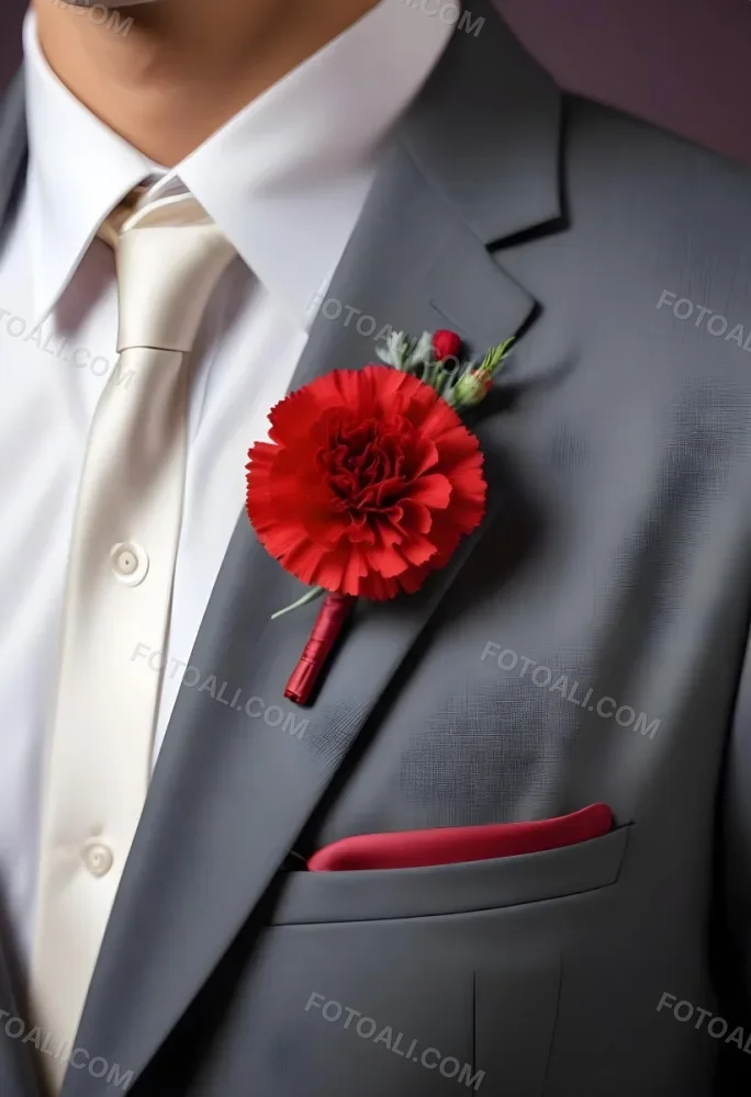 A Gray Suit Jacket With A Red Boutonniere Made Of Carnation Flowers Pinned To The Lapel 24 B618
