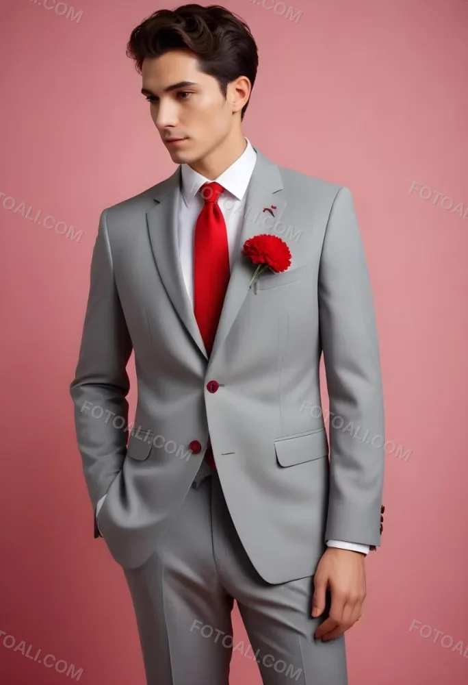 A Gray Suit Jacket With A Red Boutonniere Made Of Carnation Flowers Pinned To The Lapel 4 C3ca