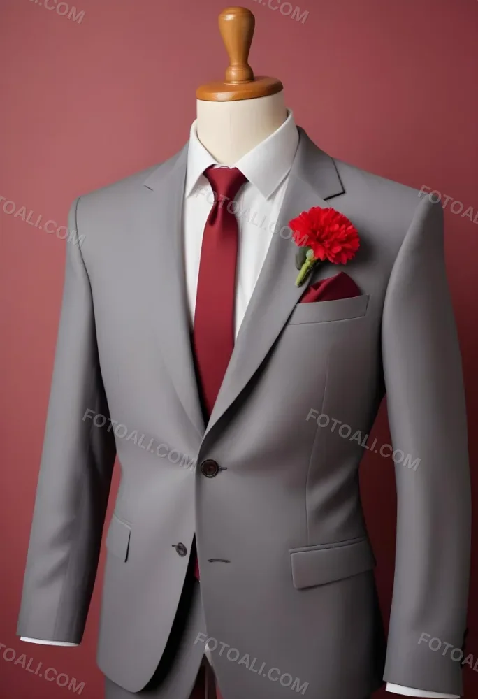 A Gray Suit Jacket With A Red Boutonniere Made Of Carnation Flowers Pinned To The Lapel 5 3ffa