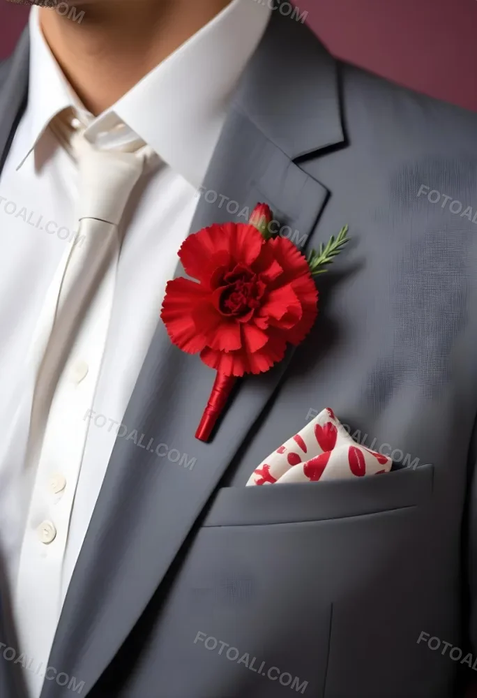 A Gray Suit Jacket With A Red Boutonniere Made Of Carnation Flowers Pinned To The Lapel 7 Fa8c