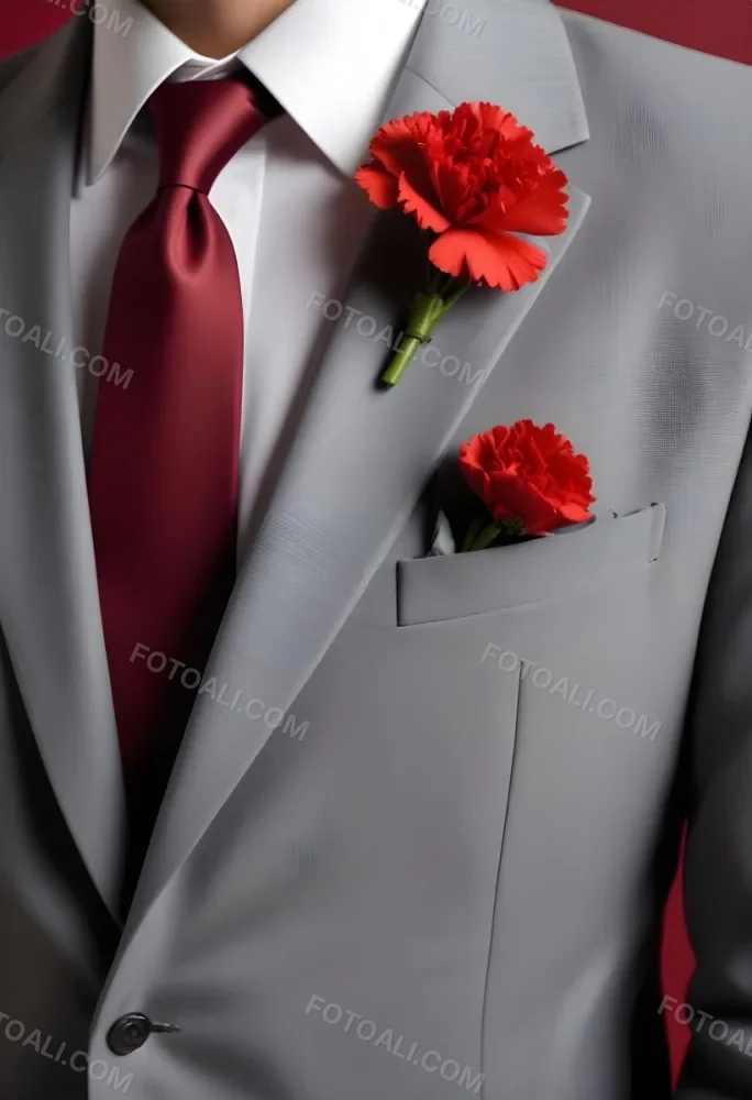 A Gray Suit Jacket With A Red Boutonniere Made Of Carnation Flowers Pinned To The Lapel 8 6370