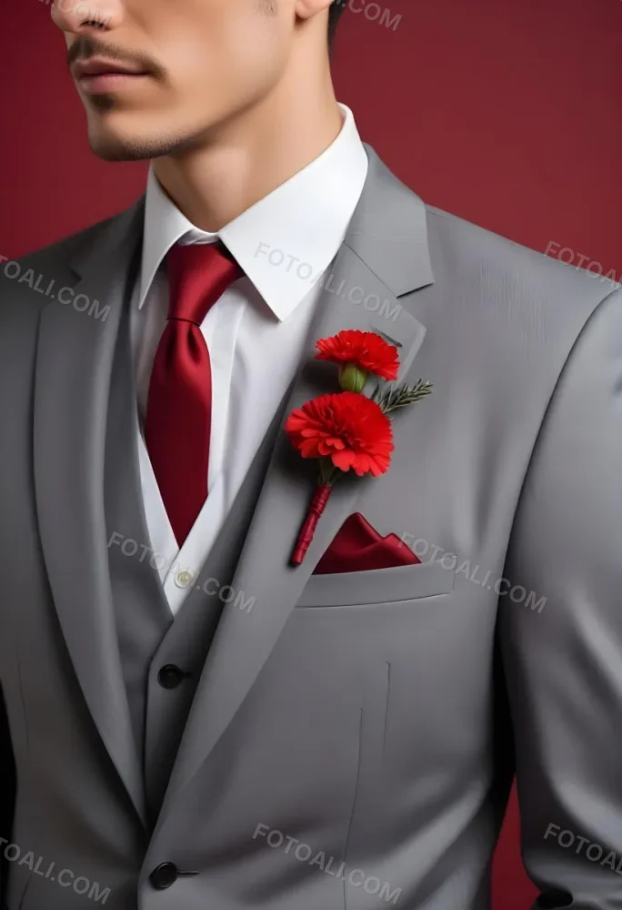 A Gray Suit Jacket With A Red Boutonniere Made Of Carnation Flowers Pinned To The Lapel 9 7612