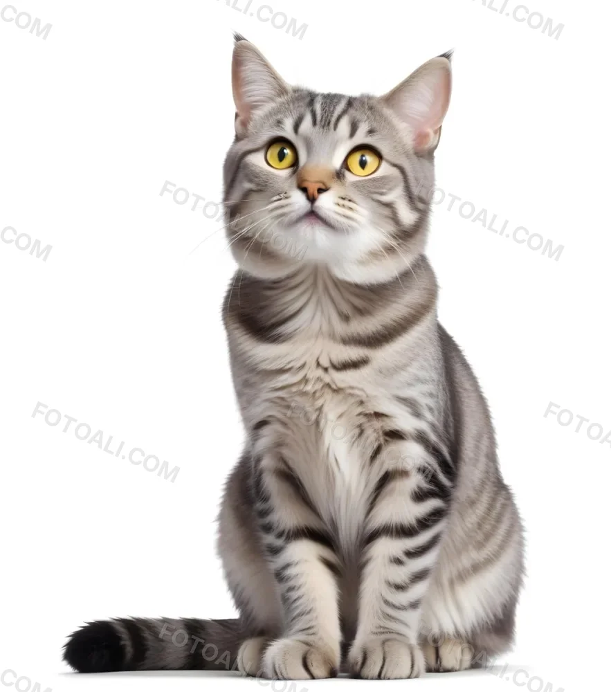 A Gray Tabby Cat With Yellow Eyes Sitting Upright Looking Upwards With A Gray Background 12 B8a3