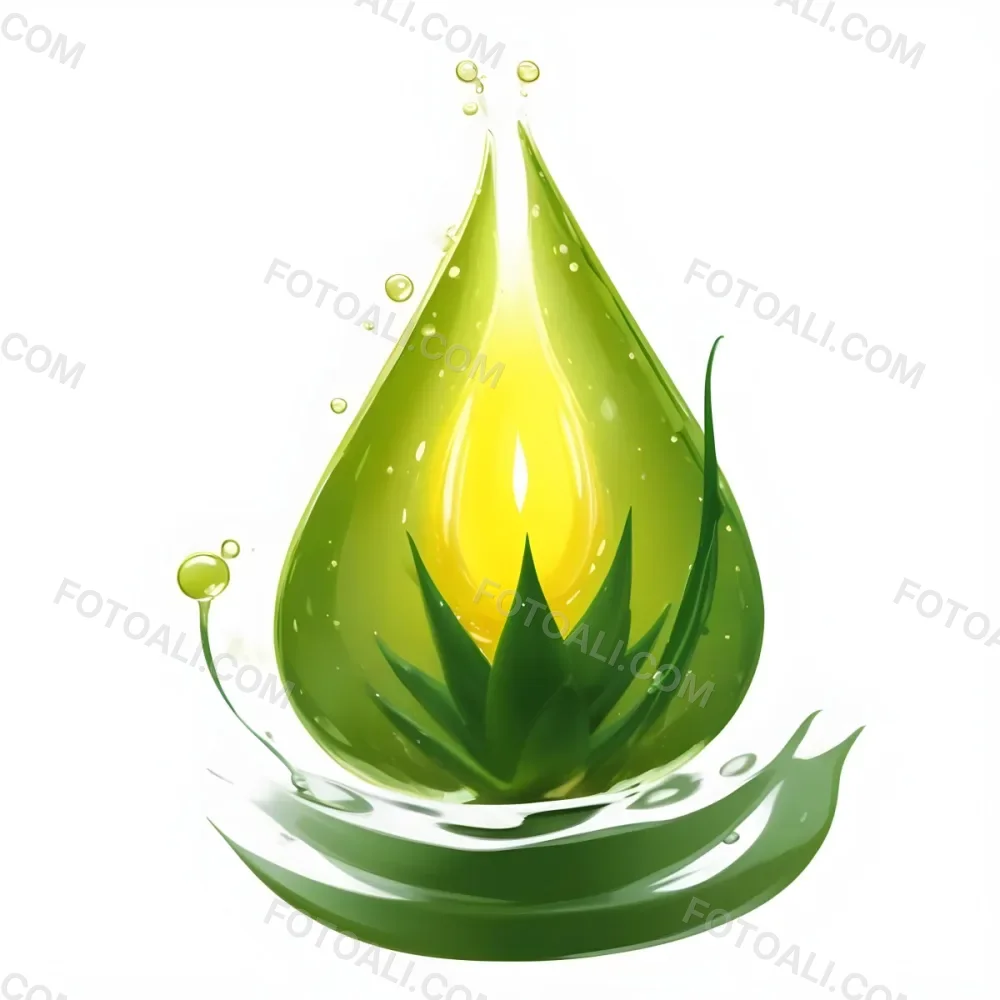 A Green Aloe Vera Plant Inside A Drop Of Aloe Vera Gel The Drop Has A Bright Yellow Light Inside White Background With A Shadow 14 F7e3 Ab96