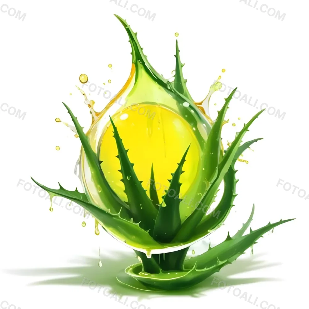 A Green Aloe Vera Plant Inside A Drop Of Aloe Vera Gel The Drop Has A Bright Yellow Light Inside White Background With A Shadow 24 6070 E39a