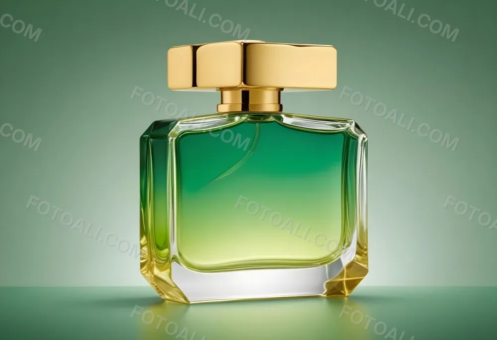 A Green And Yellow Perfume Bottle With A Golden Cap On A Gradient Background 12 852f