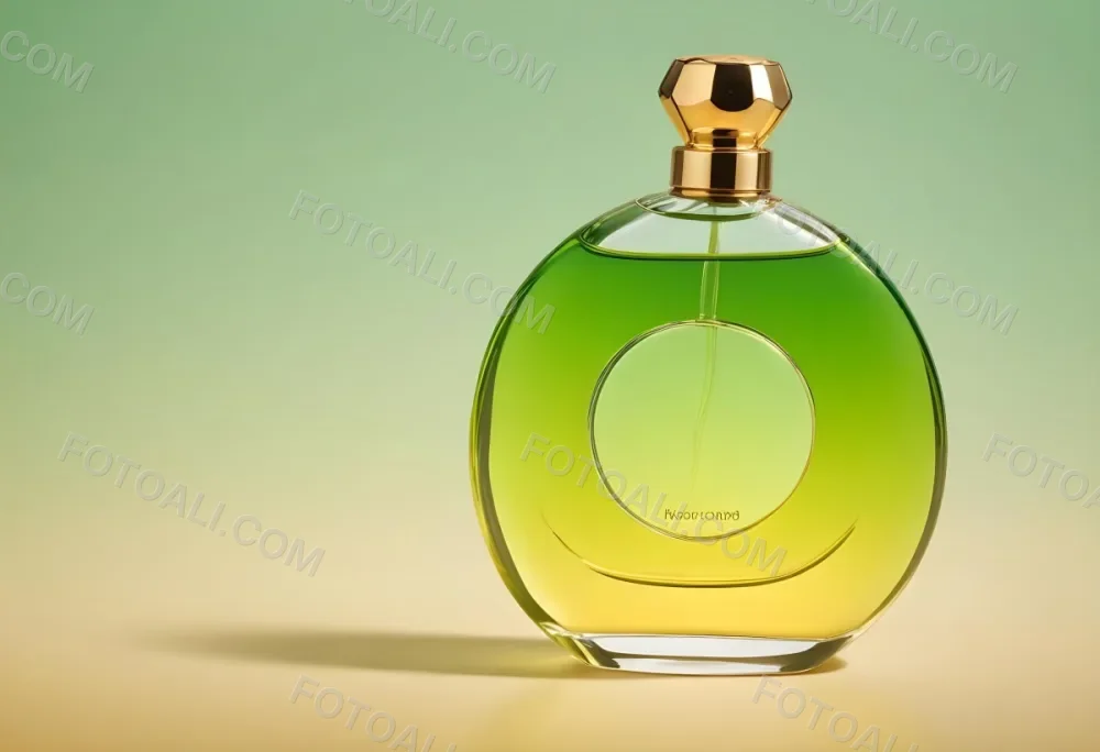 A Green And Yellow Perfume Bottle With A Golden Cap On A Gradient Background 13 8a47