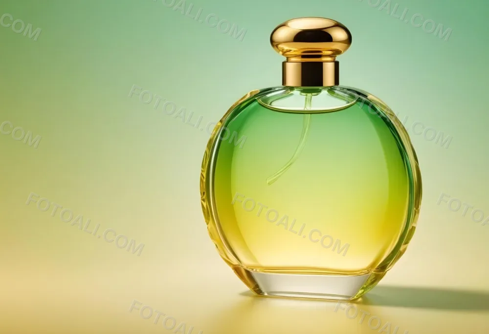 A Green And Yellow Perfume Bottle With A Golden Cap On A Gradient Background 2 E730
