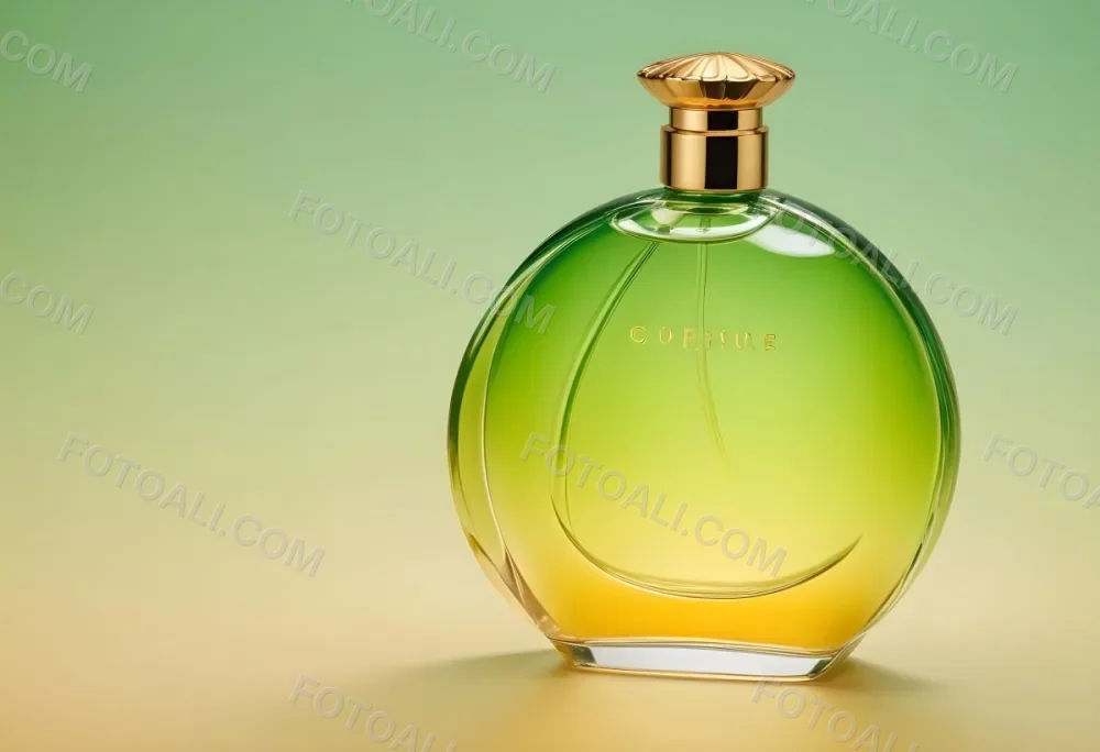 A Green And Yellow Perfume Bottle With A Golden Cap On A Gradient Background 24 2e94