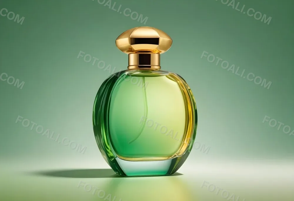 A Green And Yellow Perfume Bottle With A Golden Cap On A Gradient Background 26 314a