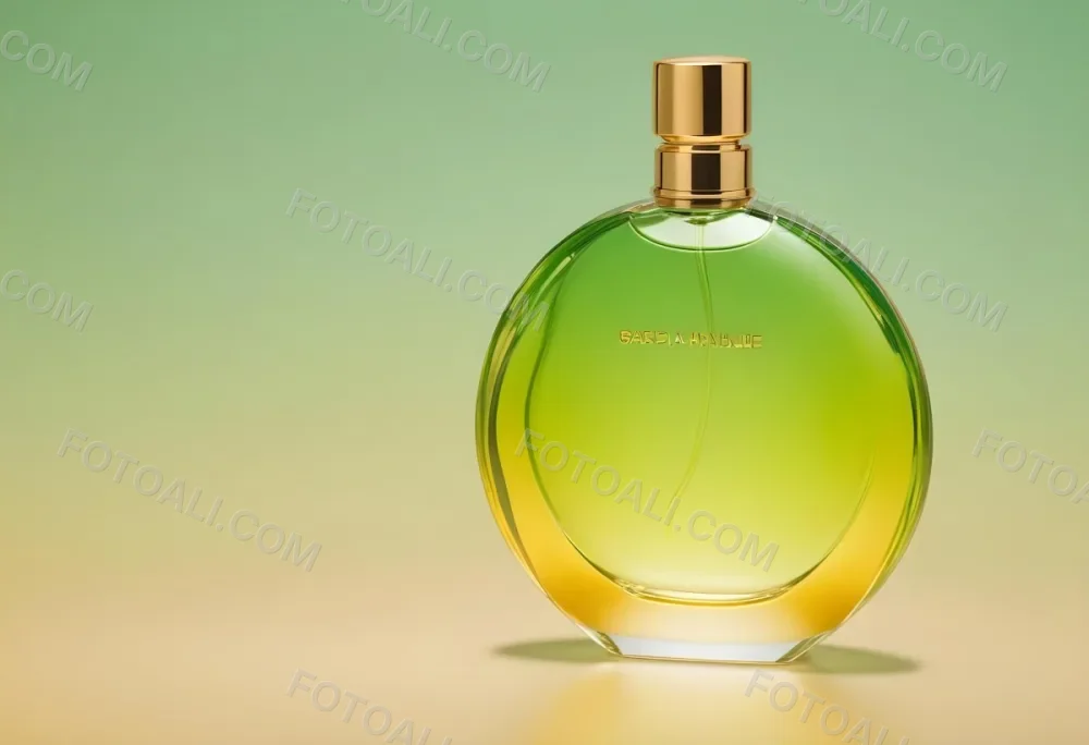 A Green And Yellow Perfume Bottle With A Golden Cap On A Gradient Background 28 Fa1d