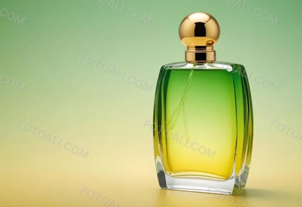 A Green And Yellow Perfume Bottle With A Golden Cap On A Gradient Background 30 1a2f