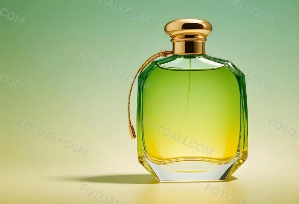 A Green And Yellow Perfume Bottle With A Golden Cap On A Gradient Background 31 A928