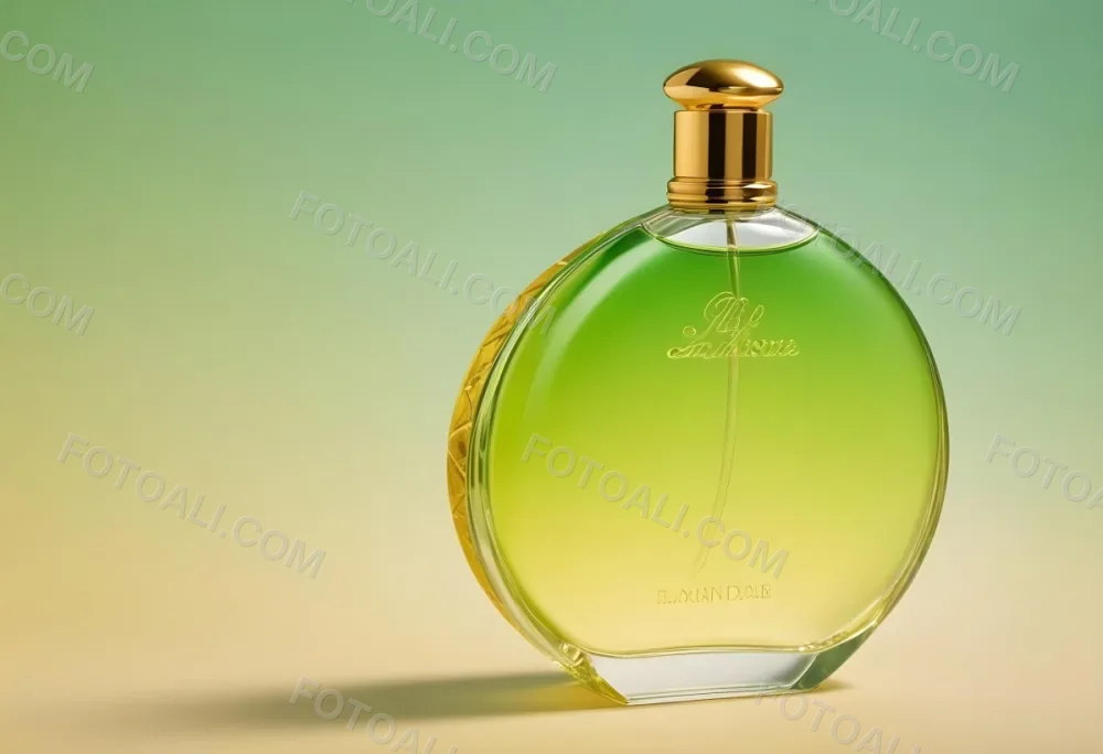 A Green And Yellow Perfume Bottle With A Golden Cap On A Gradient Background 34 4b0c