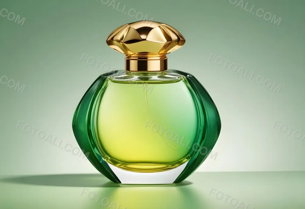 A Green And Yellow Perfume Bottle With A Golden Cap On A Gradient Background 35 Ee98