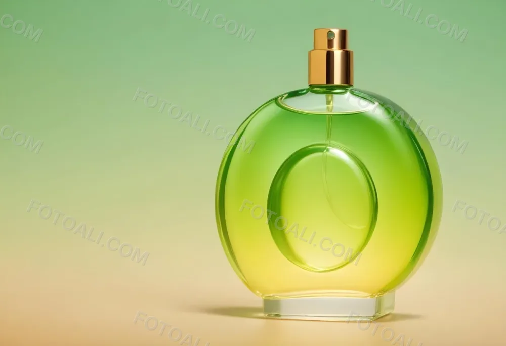 A Green And Yellow Perfume Bottle With A Golden Cap On A Gradient Background 7 79da