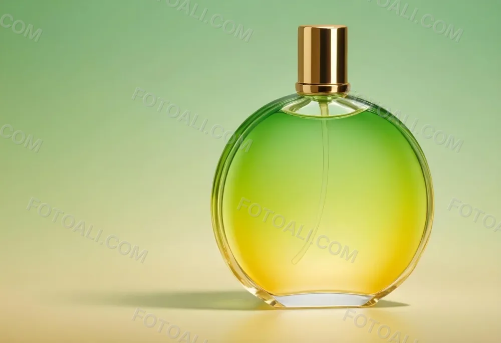 A Green And Yellow Perfume Bottle With A Golden Cap On A Gradient Background 8 B4ea