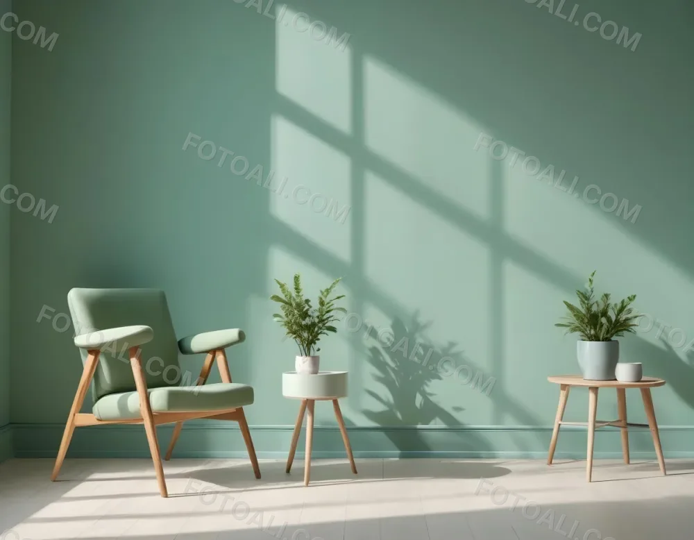 A Green Armchair With Wooden Legs In A Minimalist Room With A Green Wall And Natural Light Coming Through A Window 34 890d