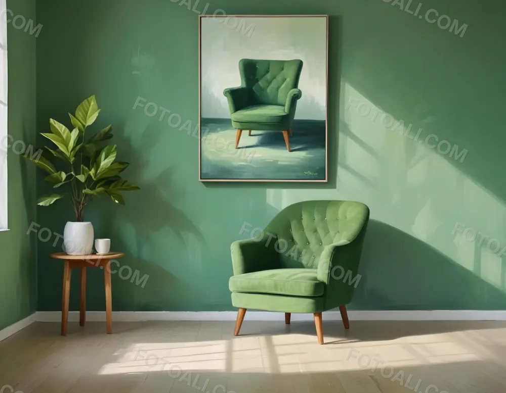 A Green Armchair With Wooden Legs In A Minimalist Room With A Green Wall And Natural Light Coming Through A Window 4 426d