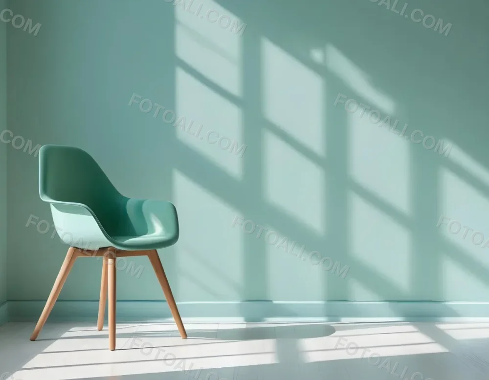 A Green Armchair With Wooden Legs In A Minimalist Room With A Green Wall And Natural Light Coming Through A Window 40 99d0