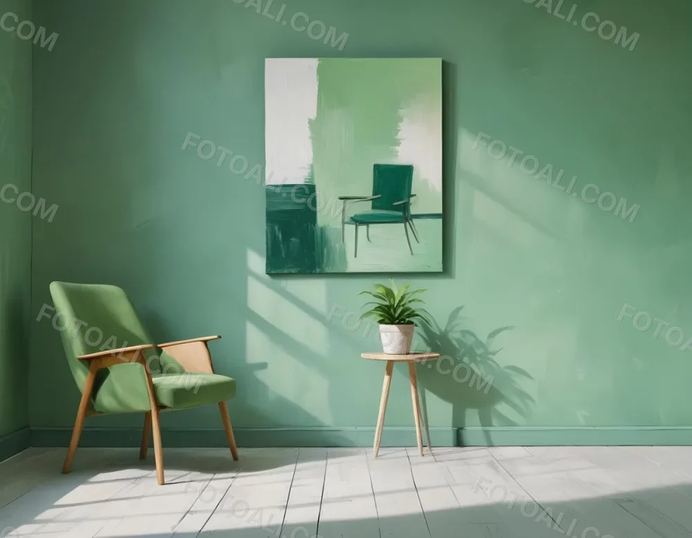 A Green Armchair With Wooden Legs In A Minimalist Room With A Green Wall And Natural Light Coming Through A Window 5 D3fe