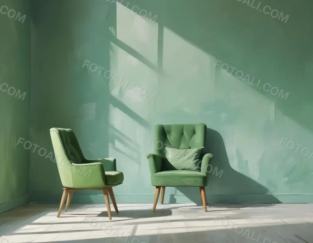 A Green Armchair With Wooden Legs In A Minimalist Room With A Green Wall And Natural Light Coming Through A Window 7 294b