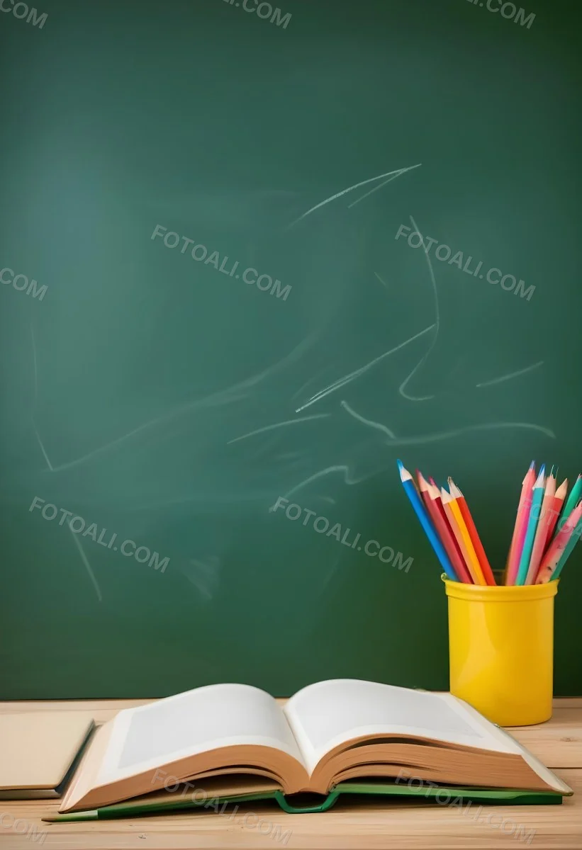 A Green Chalkboard With Some Chalk Marks A Yellow Pencil Holder With Colored Pencils And An Open Book On A Wooden Table 21 6953 41b4