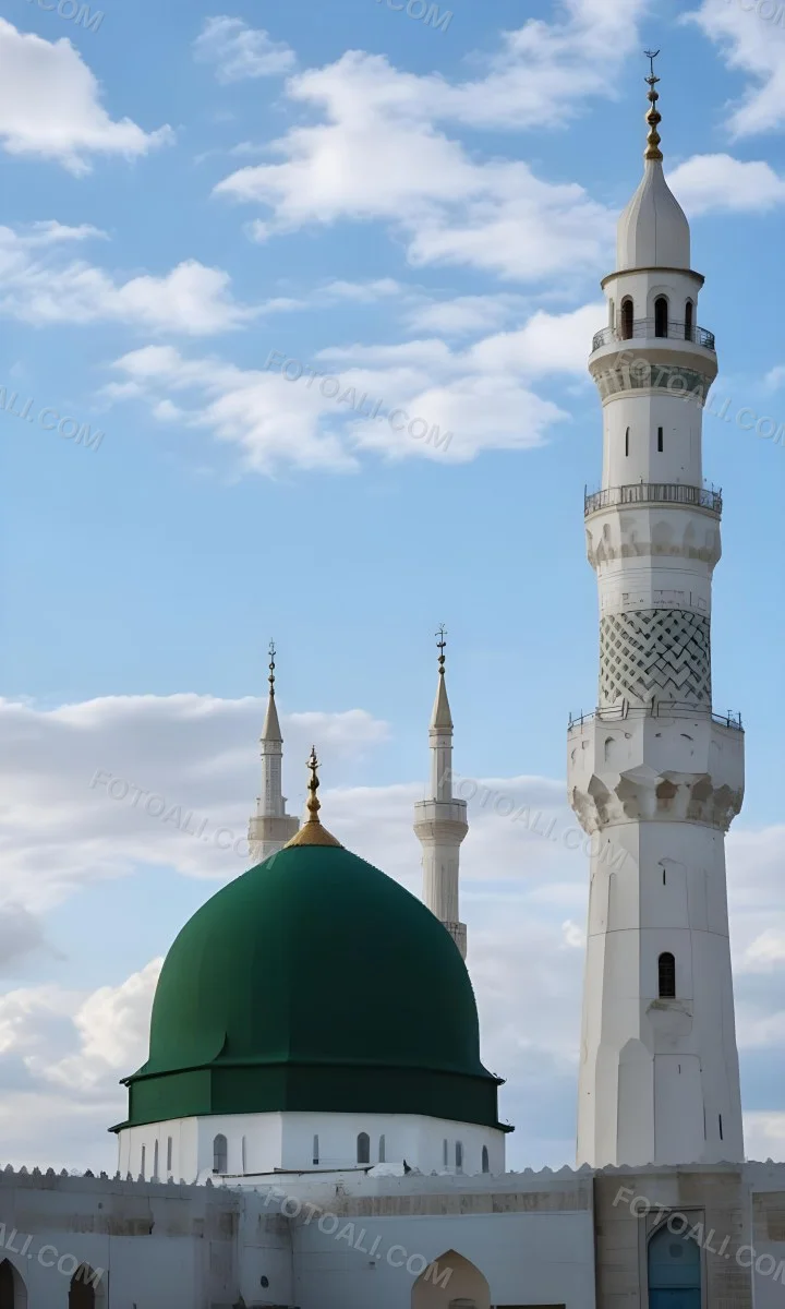 A Green Domed Mosque With A Tall Minaret Against A Blue Sky With Clouds 1 3e26
