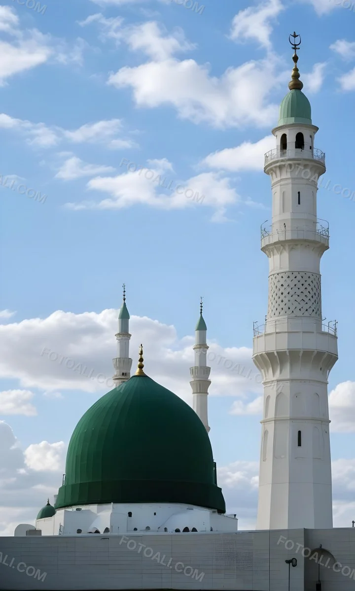 A Green Domed Mosque With A Tall Minaret Against A Blue Sky With Clouds 2 9331