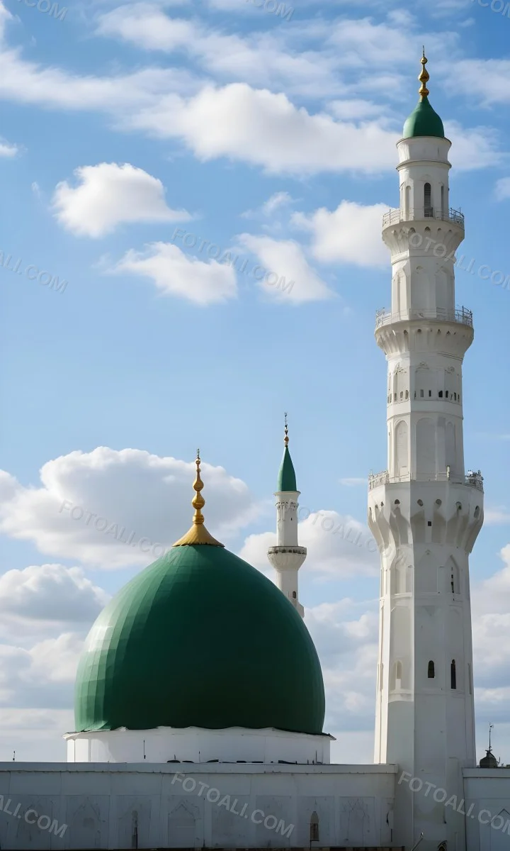 A Green Domed Mosque With A Tall Minaret Against A Blue Sky With Clouds 3 Eb33