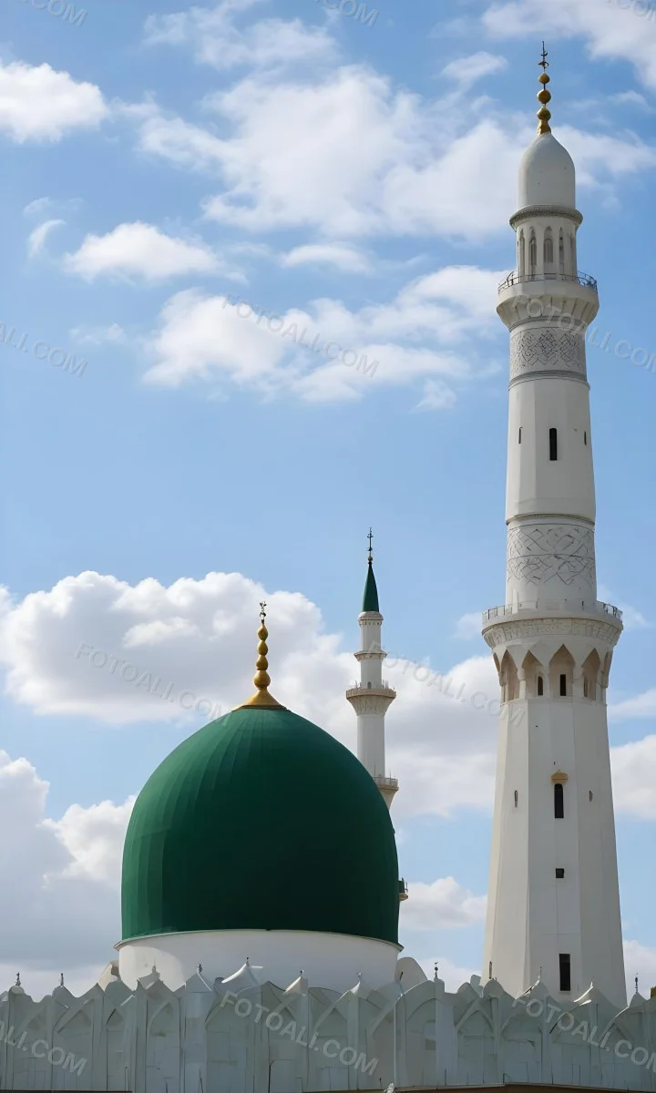 A Green Domed Mosque With A Tall Minaret Against A Blue Sky With Clouds 4 Eb45