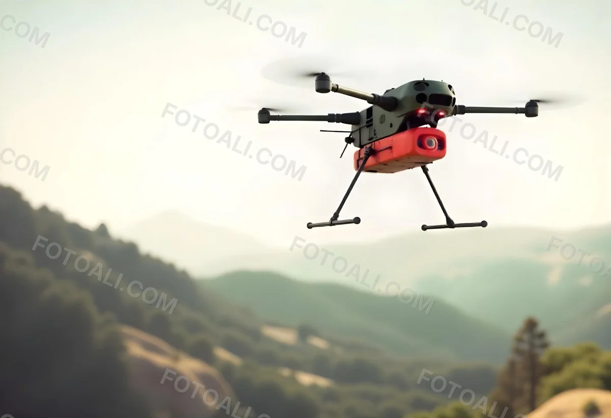 A Green Drone With A Green Tank Flying Over A Green Mountain Landscape The Sky Is Red Aerial Perspective Drone Delivery 10 7a5d