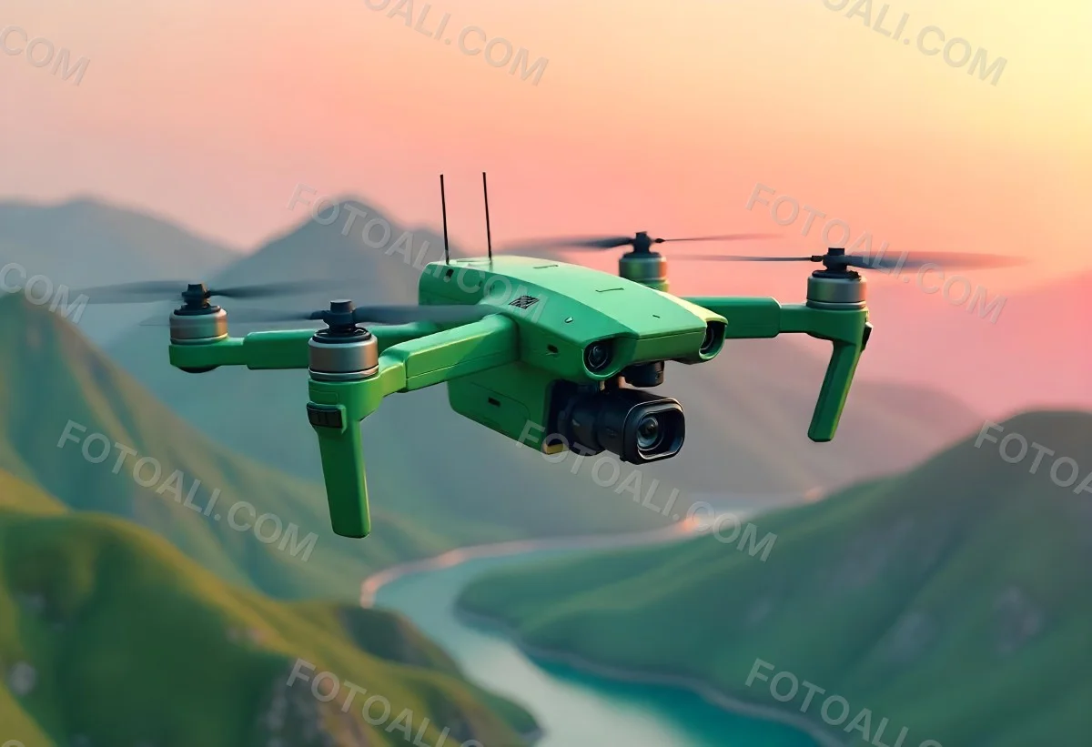 A Green Drone With A Green Tank Flying Over A Green Mountain Landscape The Sky Is Red Aerial Perspective Drone Delivery 11 Bcdb