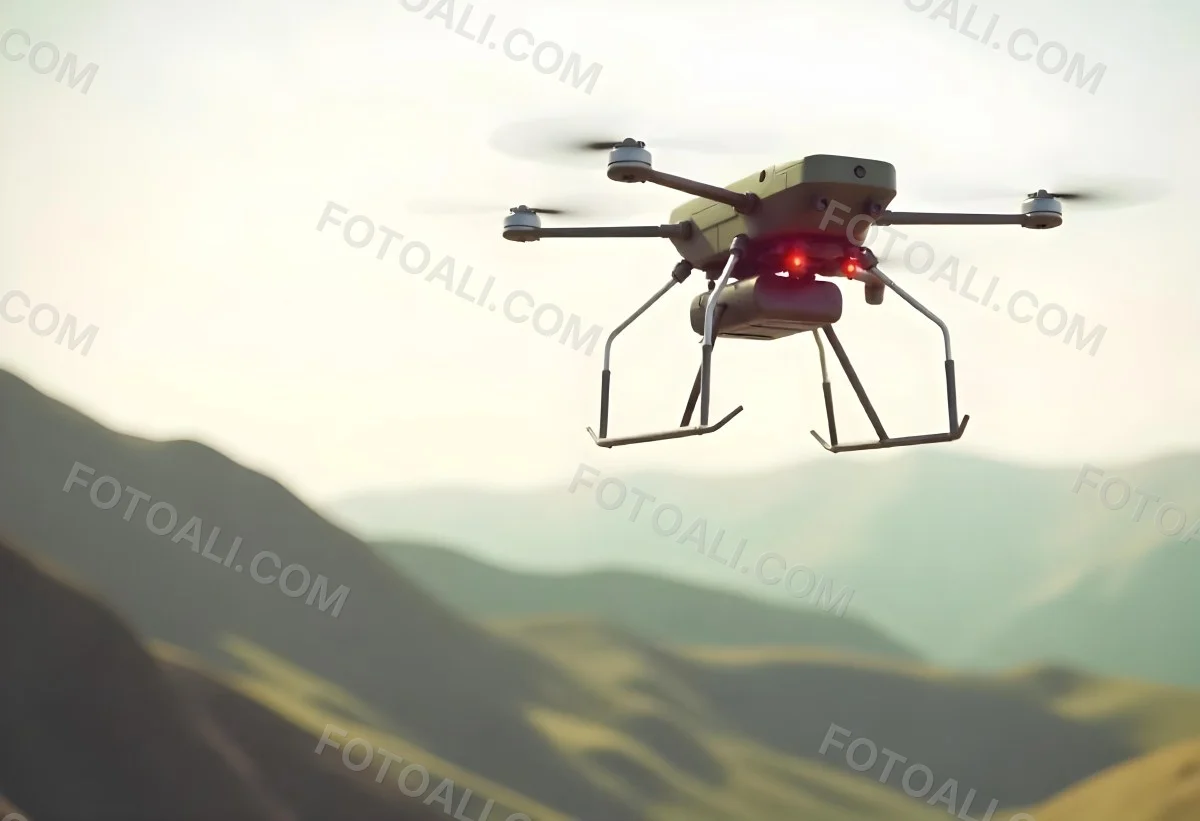 A Green Drone With A Green Tank Flying Over A Green Mountain Landscape The Sky Is Red Aerial Perspective Drone Delivery 13 Fadb