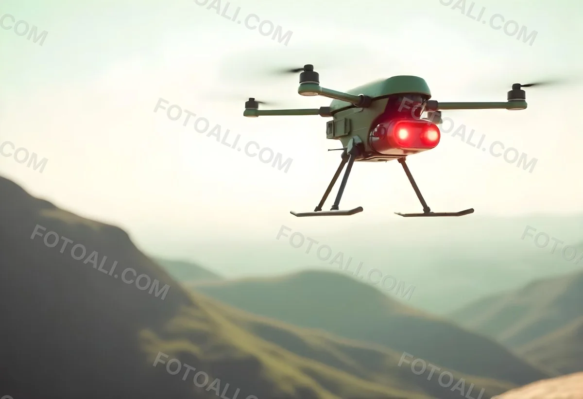 A Green Drone With A Green Tank Flying Over A Green Mountain Landscape The Sky Is Red Aerial Perspective Drone Delivery 15 3e9b